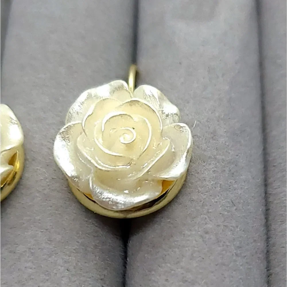 Ivory Camellia Rose Flower Earrings Gold Leverback Bridal Wedding Romantic Glam